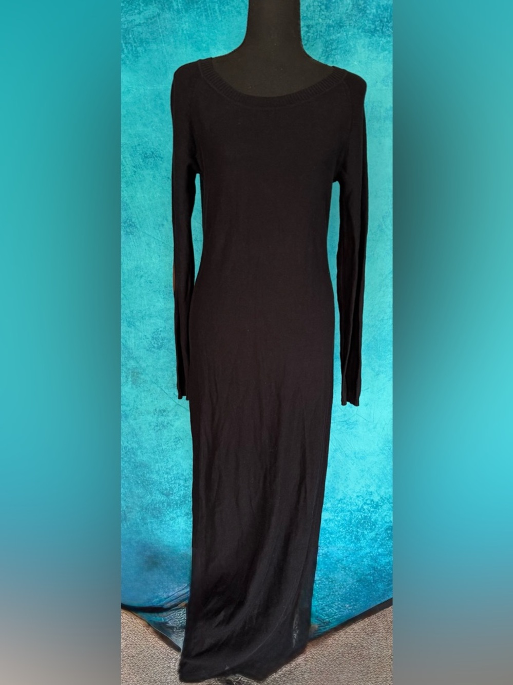 Long Sleeve round neck black sweater maxi dress w/brown faux suede elbow patches